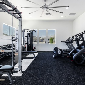 Gym Spacious fitness center with large windows for light and numerous equipment .